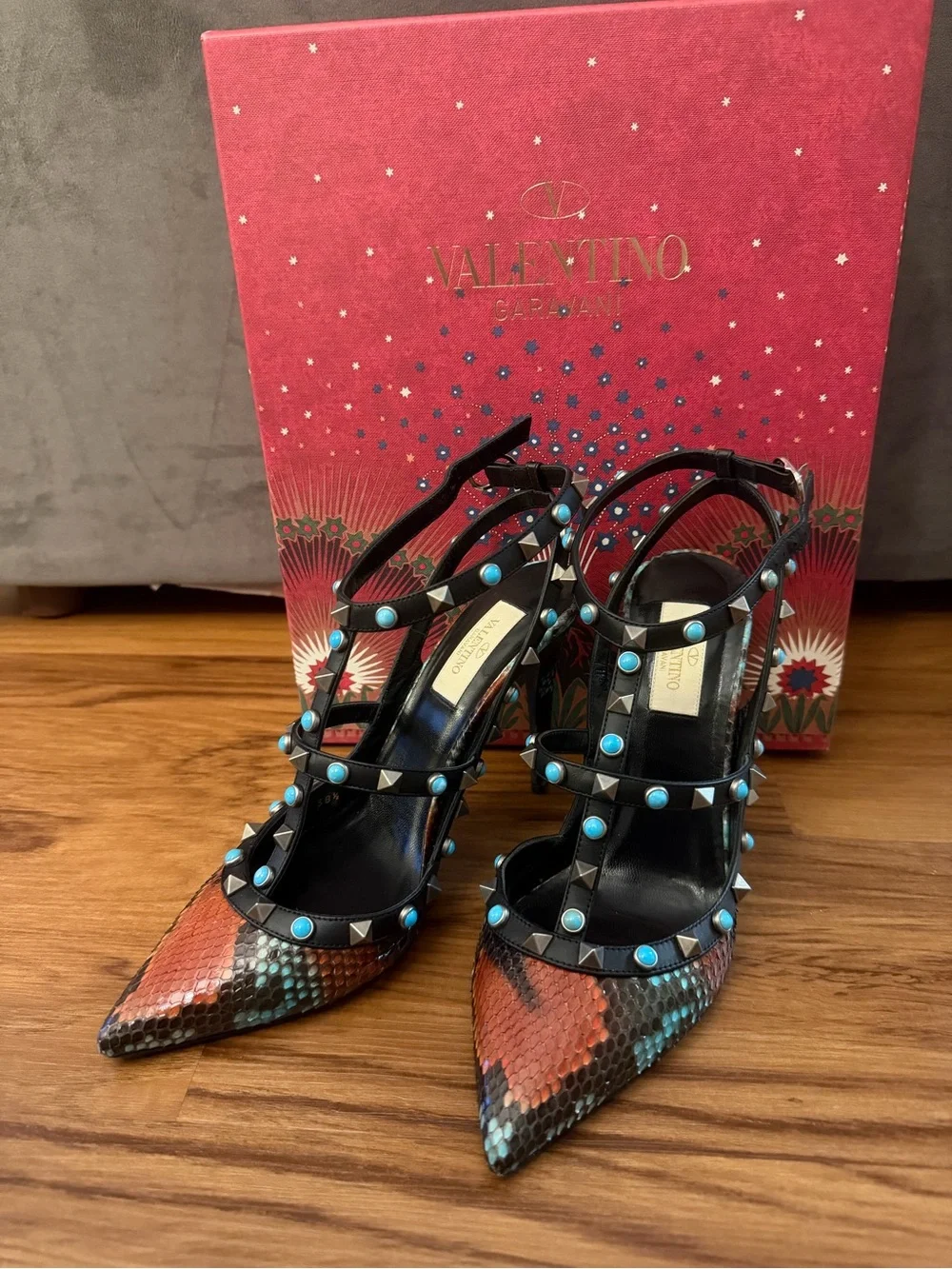 Valentino Garavani Black Studded Multi-Color Python Rockstud Heels 38.5